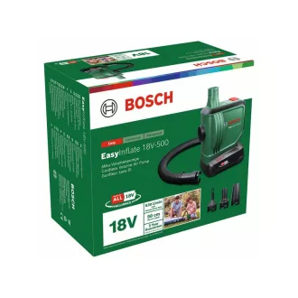   BOSCH Pompă cu acumulator EasyInflate 18V-500 + set duze (1 x acumulator 2,0 Ah + încărcător)