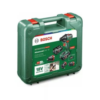   Mașină de găurit cu acumulator BOSCH AdvancedDrill 18 + adaptoare (2 baterii de 2,5 Ah) în carcasă