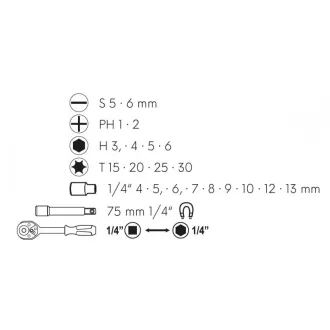   Set de chei cu dublu și vârf 23 bucăți 1/4" magnetic CrV