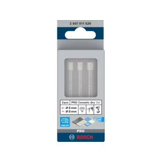   BOSCH PRO Trusă de burghie cu diamant pentru foraj uscat, 3 piese (6 / 6 / 8 x 66 mm) cu prindere cilindrică