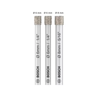   BOSCH PRO Trusă de burghie cu diamant pentru foraj uscat, 3 piese (6 / 6 / 8 x 66 mm) cu prindere cilindrică