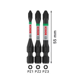   BOSCH PRO Set de capete de șurubelniță cu impact 3 piese PZ1 / PZ2 / PZ3 x 55 mm 1/4" Hex