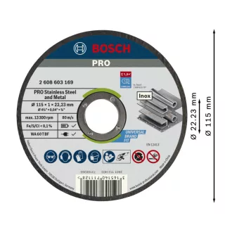   BOSCH PRO Disc de tăiere pentru inox/metal 115 x 1,0 x 22,2 mm St. Steel & Metal în ambalaj de găleată (100 buc)