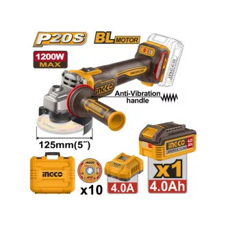   INGCO Polizor unghiular fără perii, 125 mm, 20 V (1 x acumulator 4,0 Ah + încărcător)