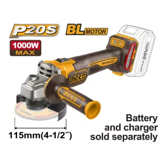  INGCO Polizor unghiular cu acumulator 115 mm fără perii 20 V (fără acumulator și încărcător)