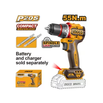   INGCO Bormașină-șurubelniță cu acumulator 55 Nm fără perii, 20 V (fără acumulator și încărcător)