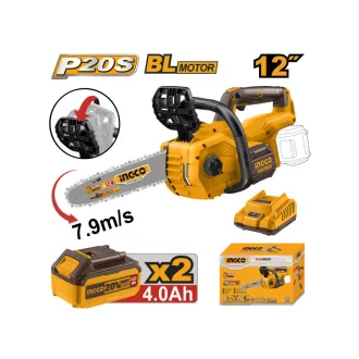   INGCO Fierăstrău cu lanț pe baterie 300 mm fără perii de carbon 20 V (2 x 4,0 Ah baterie + încărcător)