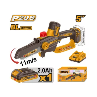   INGCO Fierăstrău cu lanț pe acumulator, 127 mm, fără perii, 20 V (1 x acumulator 2,0 Ah + încărcător)