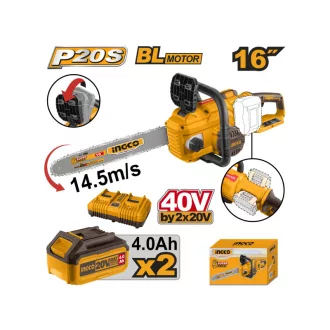   INGCO Fierăstrău electric cu lanț 400 mm fără perii de carbon 2 x 20 V (2 x 4,0 Ah baterie + încărcător)