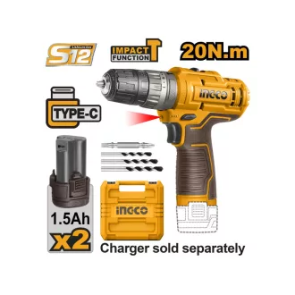   INGCO Mașină de găurit cu impact pe baterie 20 Nm 12 V (2 x 1,5 Ah baterie, fără cablu de încărcare)