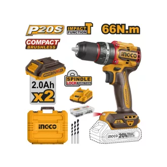   INGCO Mașină de găurit-înșurubat cu impact pe acumulator 66 Nm fără perii de carbon 20 V (2 x 2,0 Ah + încărcător)