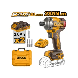   INGCO Surubelniță cu percuție pe acumulator 1/4" 285 Nm fără perii de carbon 20 V (2 x 2,0 Ah acumulator + încărcător)