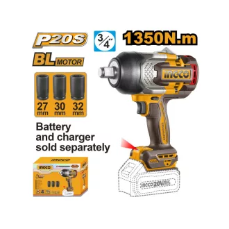   INGCO Șurubelniță cu impact pe acumulator 3/4" 1350 Nm fără perii de carbon 20 V (fără acumulator și încărcător)