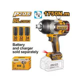   INGCO Șurubelniță cu impact cu acumulator 3/4" 1750 Nm fără perii 20 V (fără acumulator și încărcător)
