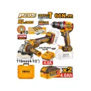 INGCO Pachet puternic cu acumulator 20 V Bormașină cu percuție 66 Nm + Polizor unghiular 115 mm (2 acumulatori + încărcător)