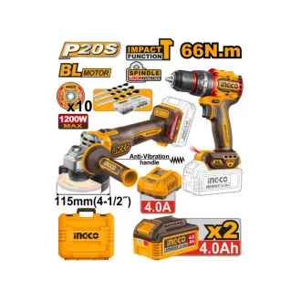   INGCO Pachet puternic cu acumulator 20 V Bormașină cu percuție 66 Nm + Polizor unghiular 115 mm (2 acumulatori + încărcător)