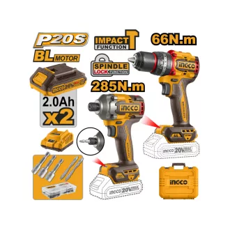   INGCO Set de unelte cu acumulator 20 V Masina de gaurit-cu percutie 66 Nm+Masina de insurubat cu percutie 1/4" 285 Nm (2 baterii + incarcator)