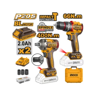   INGCO Set puternic cu acumulator 20 V Bormașină cu percuție 66 Nm + Șurubelniță cu percuție 1/2" 405 Nm (2 acumulatori + încărcător)