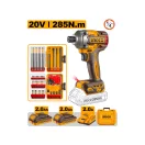 INGCO Șurubelniță cu impact cu acumulator 1/4" 285 Nm fără perii + set 2 biți 20 V (2 acumulatori + încărcător)