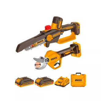   INGCO Set de unelte de grădină cu acumulator, ferăstrău cu lanț 150 mm + foarfecă de tăiat cu acumulator (2 x acumulator 2,0 Ah + încărcător)