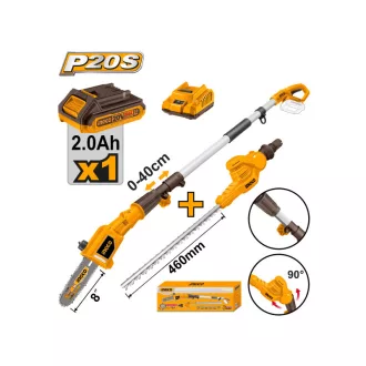   INGCO Tăietor de înălțime cu acumulator 460 mm și tăietor de ramuri 200 mm 0-400 mm 20 V (1 x 2,0 Ah acumulator + încărcător)