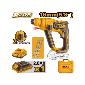   INGCO Ciocan rotopercutor pe baterie 1,5 J SDS-Plus fără perii de carbon 20 V (1 x 2,0 Ah baterie + încărcător)