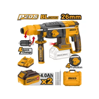   INGCO Ciocan combinat cu acumulator 2,5 J SDS-Plus / fără perii cu carbon rapid 20 V (2 x 4,0 Ah acumulator + încărcător)