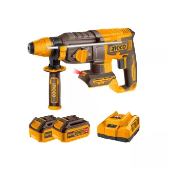   INGCO Ciocan rotopercutor pe acumulator 2,5 J SDS-Plus fără perii de carbon 20 V (2 x 4,0 Ah baterie + încărcător)