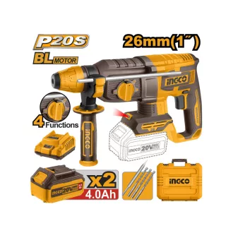  INGCO Ciocan rotopercutor pe acumulator 2,5 J SDS-Plus fără perii de carbon 20 V (2 x 4,0 Ah baterie + încărcător)