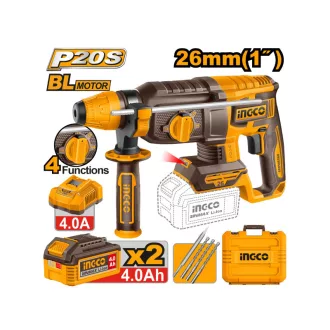   INGCO Ciocan combinat fără perii, 2,5 J SDS-Plus 20 V (2 x acumulatori 4,0 Ah + încărcător)
