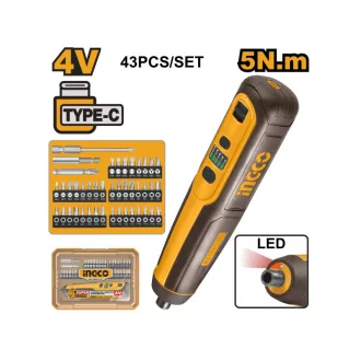   Șurubelnică cu acumulator INGCO 5 Nm 4 V + set de 43 de biți (încărcare USB-C)