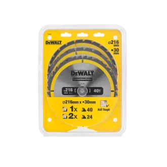   DEWALT CONSTRUCTION SET DISCURI FERĂSTRĂU 3 PIESE CU VÂRFURI PENTRU LEMN 216 x 30 x 2,6 mm / 2 x 24T + 40T