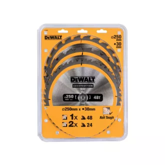   DEWALT CONSTRUCTION Set de discuri de ferăstrău, 3 piese, pentru lemn cu cuie, 250 x 30 x 2,6 mm / 2 x 24T + 48T