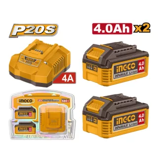   INGCO Set de acumulator și încărcător 20 V (2 x 4,0 Ah acumulator + încărcător de 4,0 A)