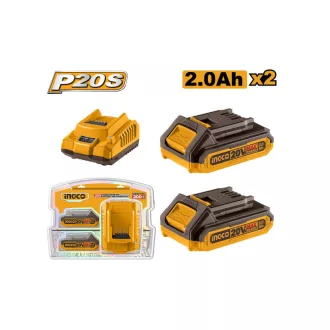   INGCO Set acumulator și încărcător 20 V (2 x acumulator 2,0 Ah + încărcător 2,0 A)