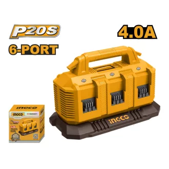  INGCO Încărcător de acumulator secvențial cu 6 sloturi, 4,0 A 20 V