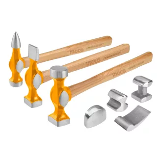   INGCO Set de ciocan și dreptar pentru caroserie, 7 piese, cu mâner Hickory