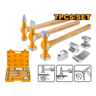   INGCO Set de ciocan și dreptar pentru caroserie, 7 piese, cu mâner Hickory