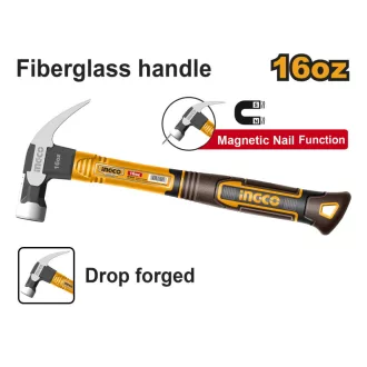  Ciocan de tâmplar INGCO, 450 g, mâner de fibră de sticlă, magnetic