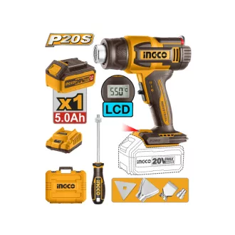   INGCO Pistol cu aer cald cu acumulator, 550°C, ecran LCD, 20 V (1 x baterie 5,0 Ah + încărcător)