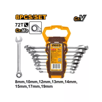 INGCO Set de chei tubulare cu clichet, 8 piese, 8-19 mm CrV