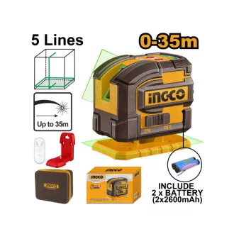   INGCO Laser încrucișat cu acumulator 0-35 m 5,2 Ah cu laser verde și telecomandă