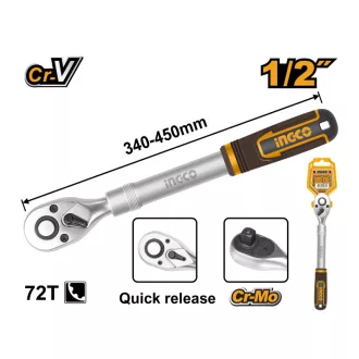   INGCO Bară de acționare cu clichet 1/2" 340-450 mm 72T telescopic CrV
