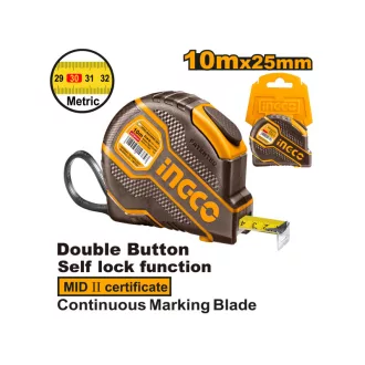   INGCO Ruletă de măsurat 10 m x 25 mm, cu înveliș de cauciuc