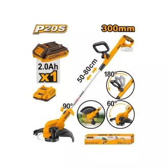   INGCO Set unelte de grădină cu acumulator: mașină de tuns iarba + trimmer + tăietor margini, 20 V (3 acumulatori + 2 încărcătoare)
