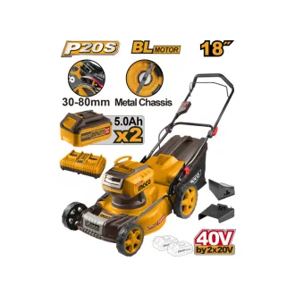   INGCO Mașină de tuns gazonul cu acumulator 460 mm 2 x 20 V fără perii de carbon (2 x 5,0 Ah acumulator + 4,0 A încărcător dublu)