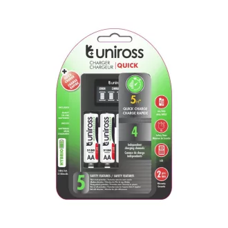   Incarcator rapid compact UNIROSS + 4 baterii AA/creion 1.2 V 2100 mAh