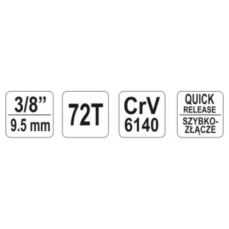   Coadă de antrenare cu clichet YATO 3/8" 200mm 72T Tijă îndoită Mâner moale CrV