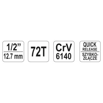   Coadă de antrenare cu clichet YATO 1/2" 255mm 72T Tijă îndoită Mâner moale CrV