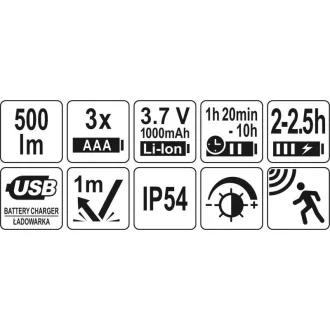   YATO Lampă frontală LED cu acumulator/baterie 500 lumeni cu senzor de mișcare